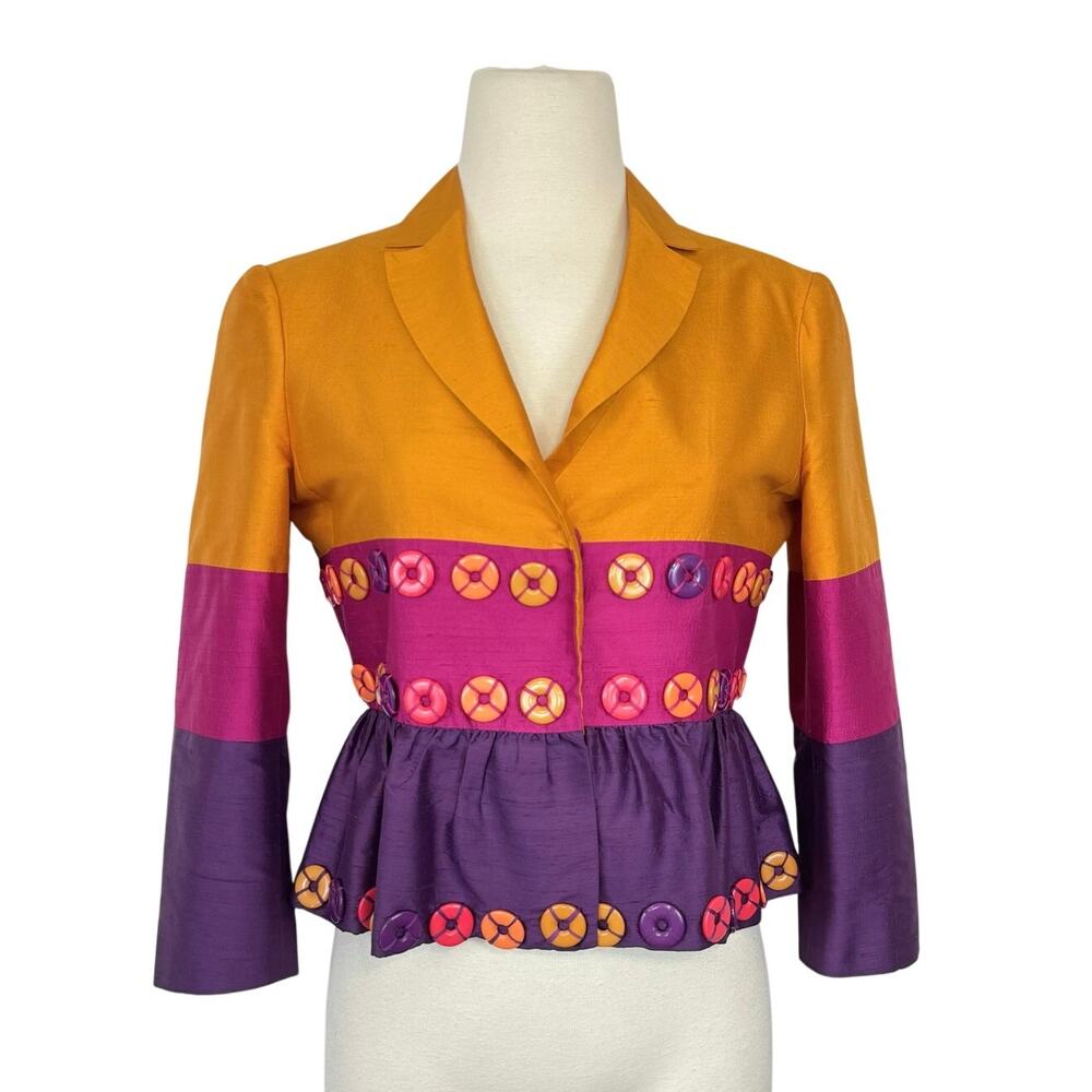 Moschino Cheap and Chic Button Colorblock Silk Blazer Jacket Cropped Peplum US8